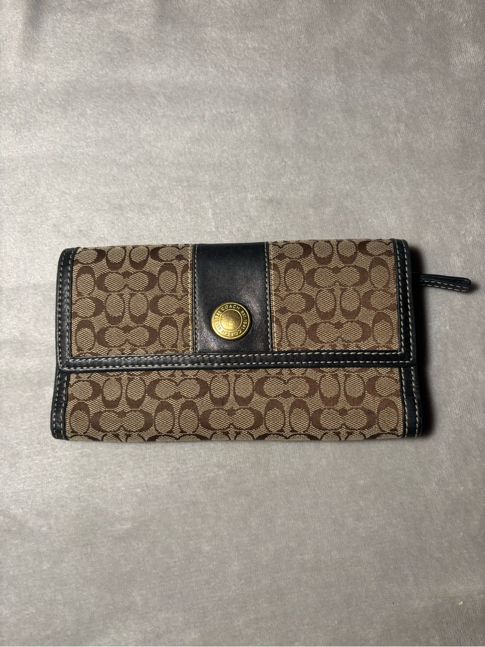 Vintage Coach Saddle Black Leather Signature Canvas Stripe Bifold Wallet